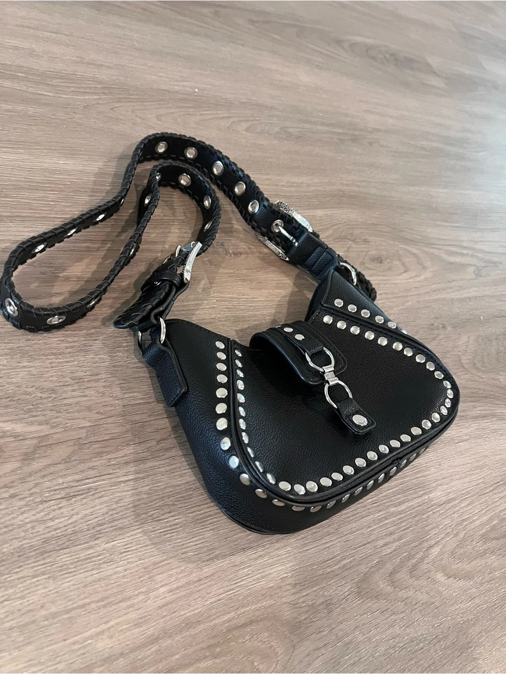 Urban Outfitters Black Studded Leather Shoulder Bag with Grommet Strap